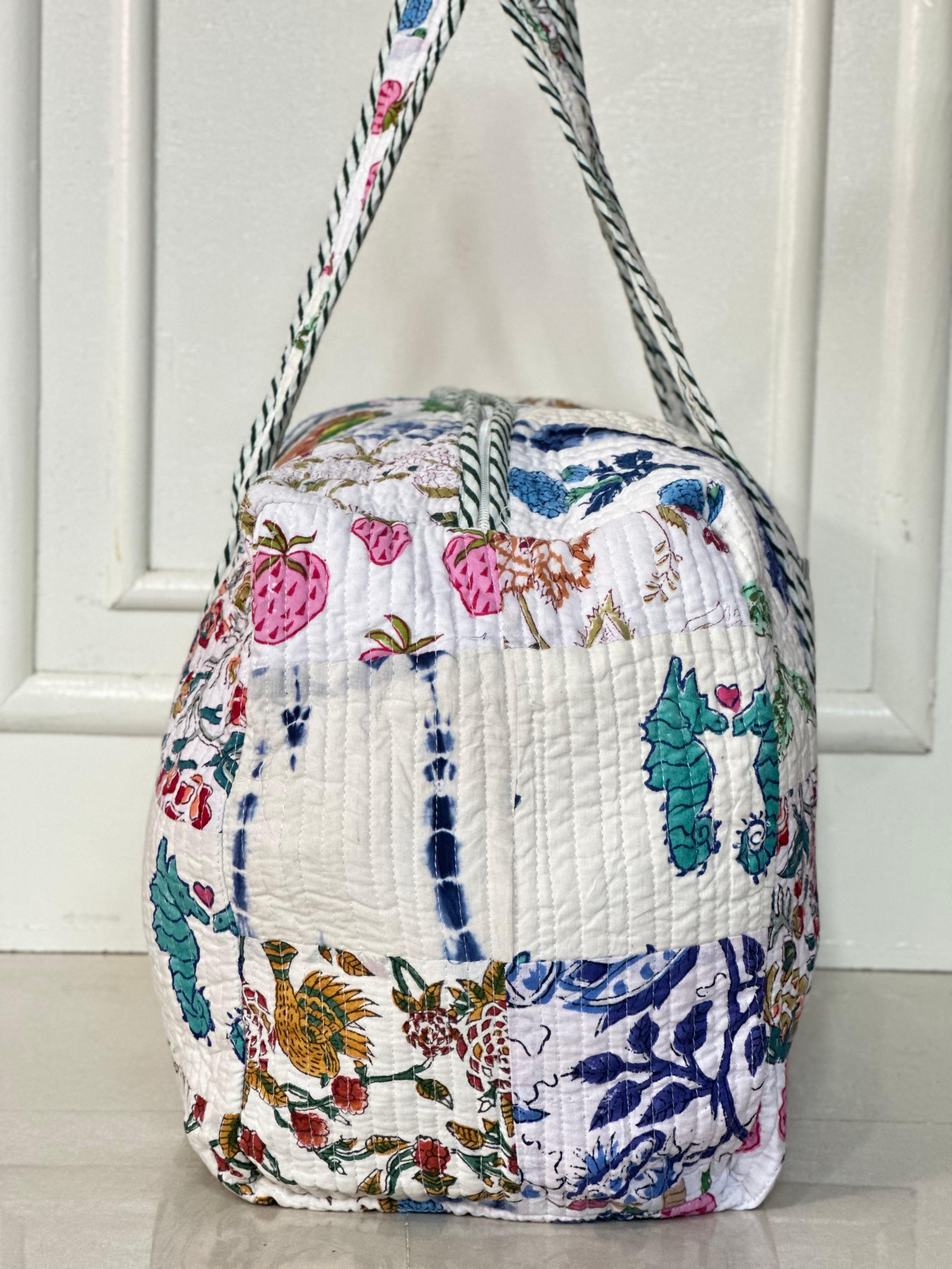 Handcrafted Block Print Duffel Bag – Floral Patchwork Design