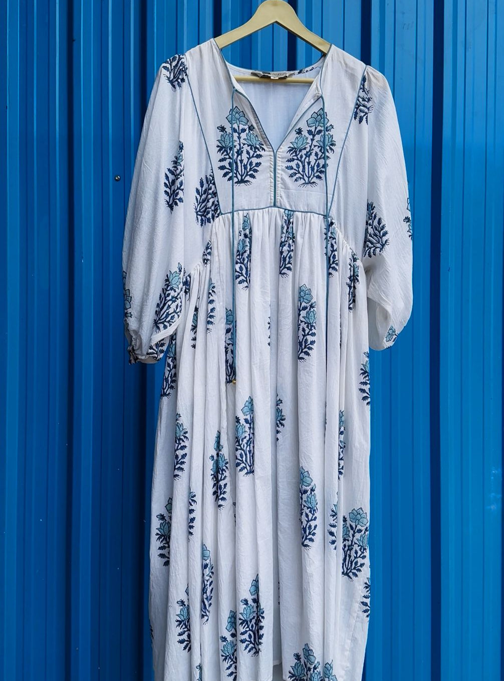 Elegant Blue Floral Printed Dress with Embroidered Yoke